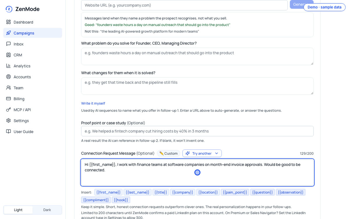 Writing a connection note in a campaign; the counter keeps it inside the limit. ZenMode demo, sample data.