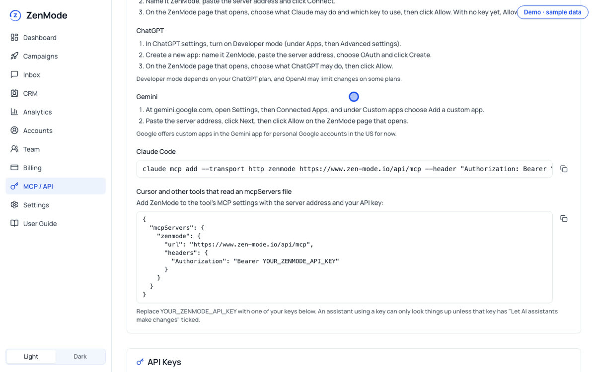 The MCP / API page, where the server address lives. ZenMode demo, sample data.