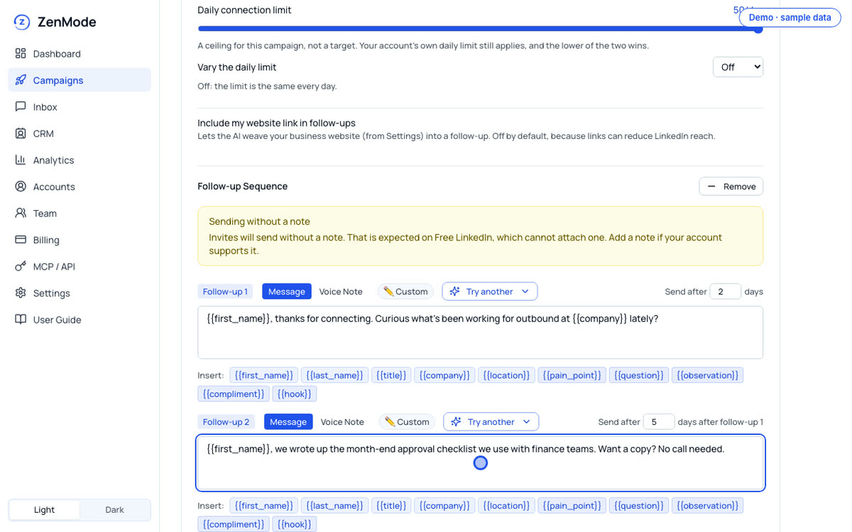 Writing a follow-up with a new reason to reply. ZenMode demo, sample data.