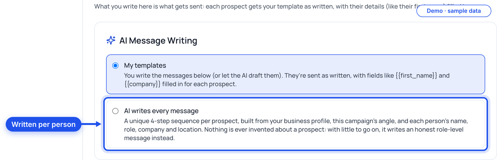 The AI Message Writing choice with AI writes every message highlighted