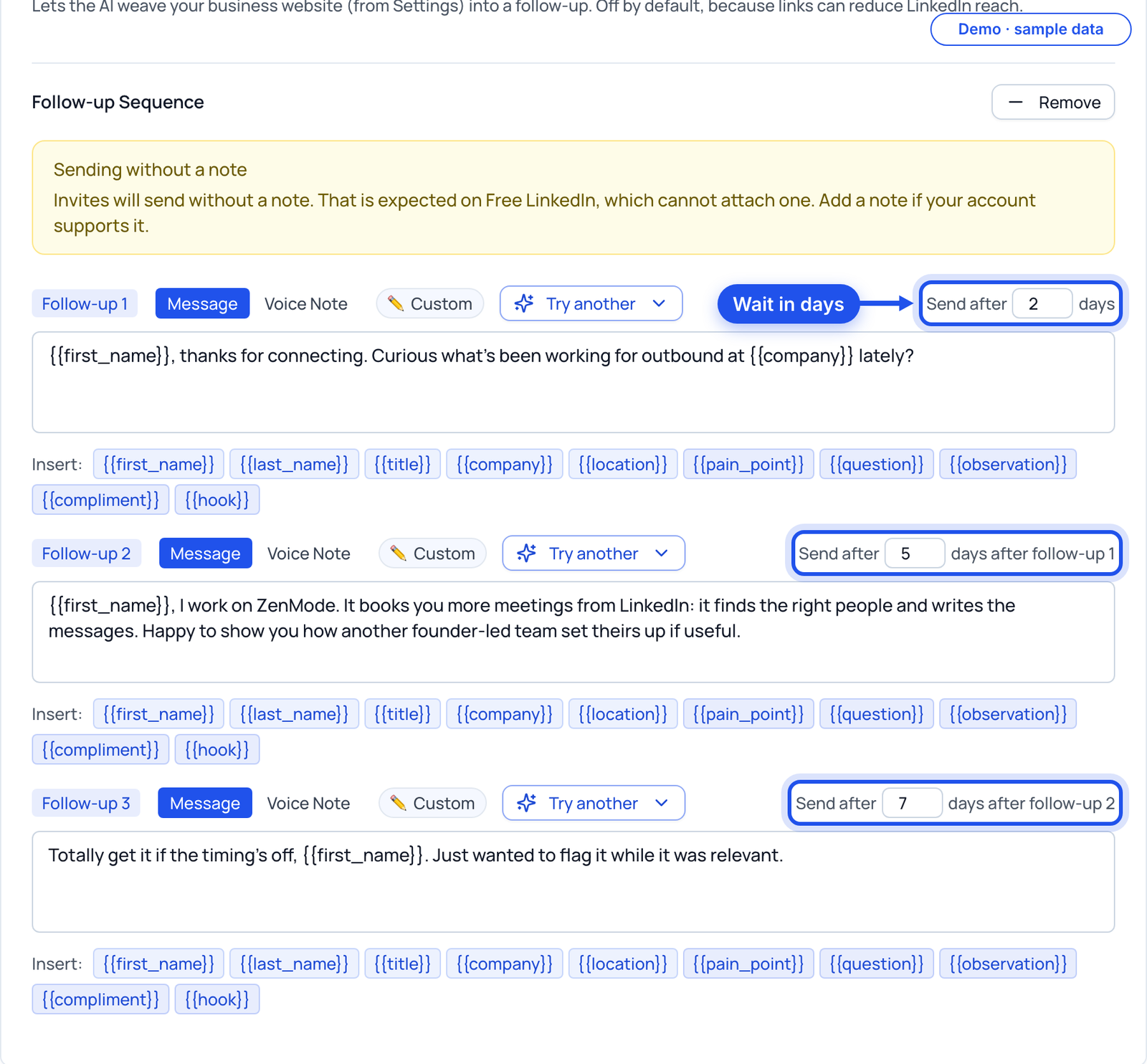Three follow-ups with their waits highlighted