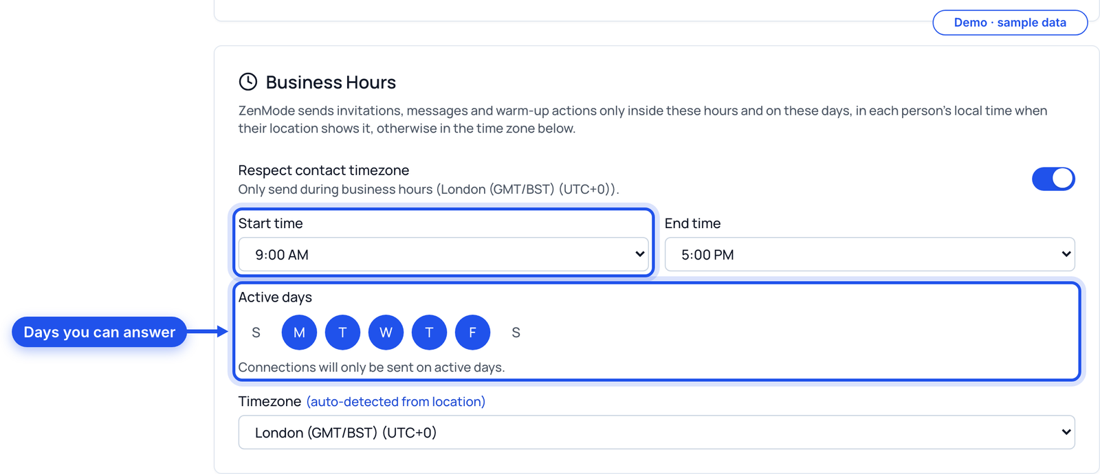 Business Hours with active days and start time highlighted