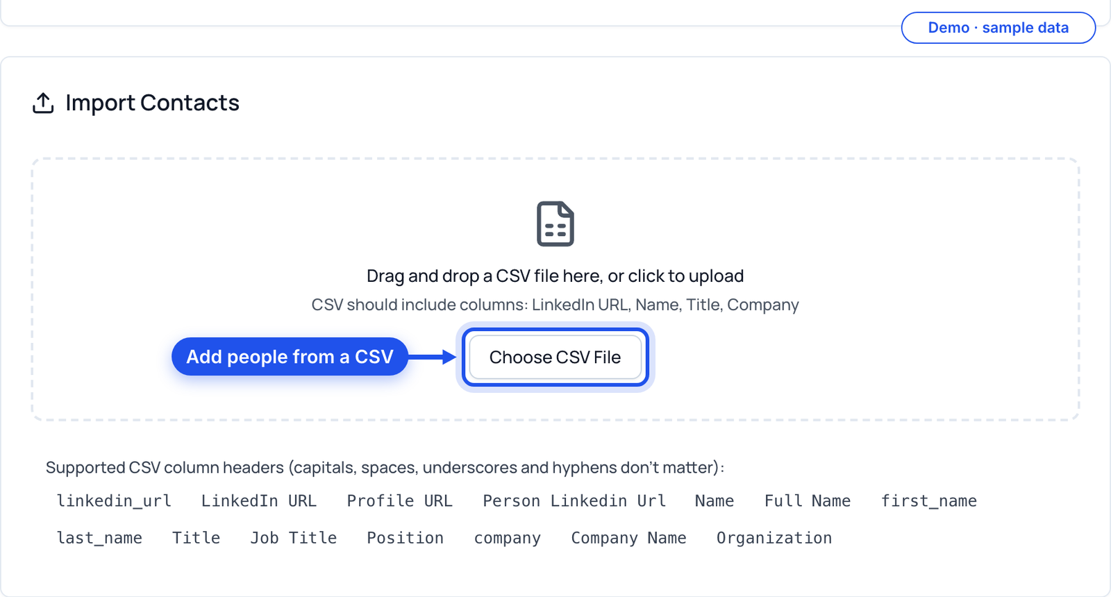 The Import Contacts card with Choose CSV File highlighted