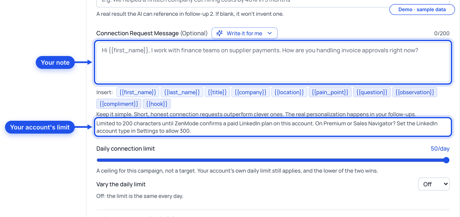 The connection note box and its counter highlighted