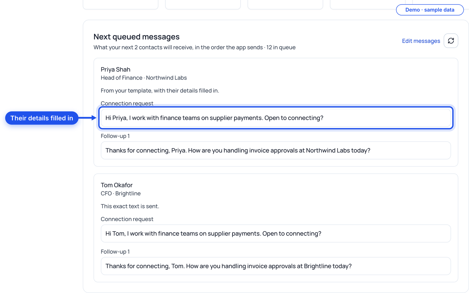 Next queued messages with a filled-in message highlighted