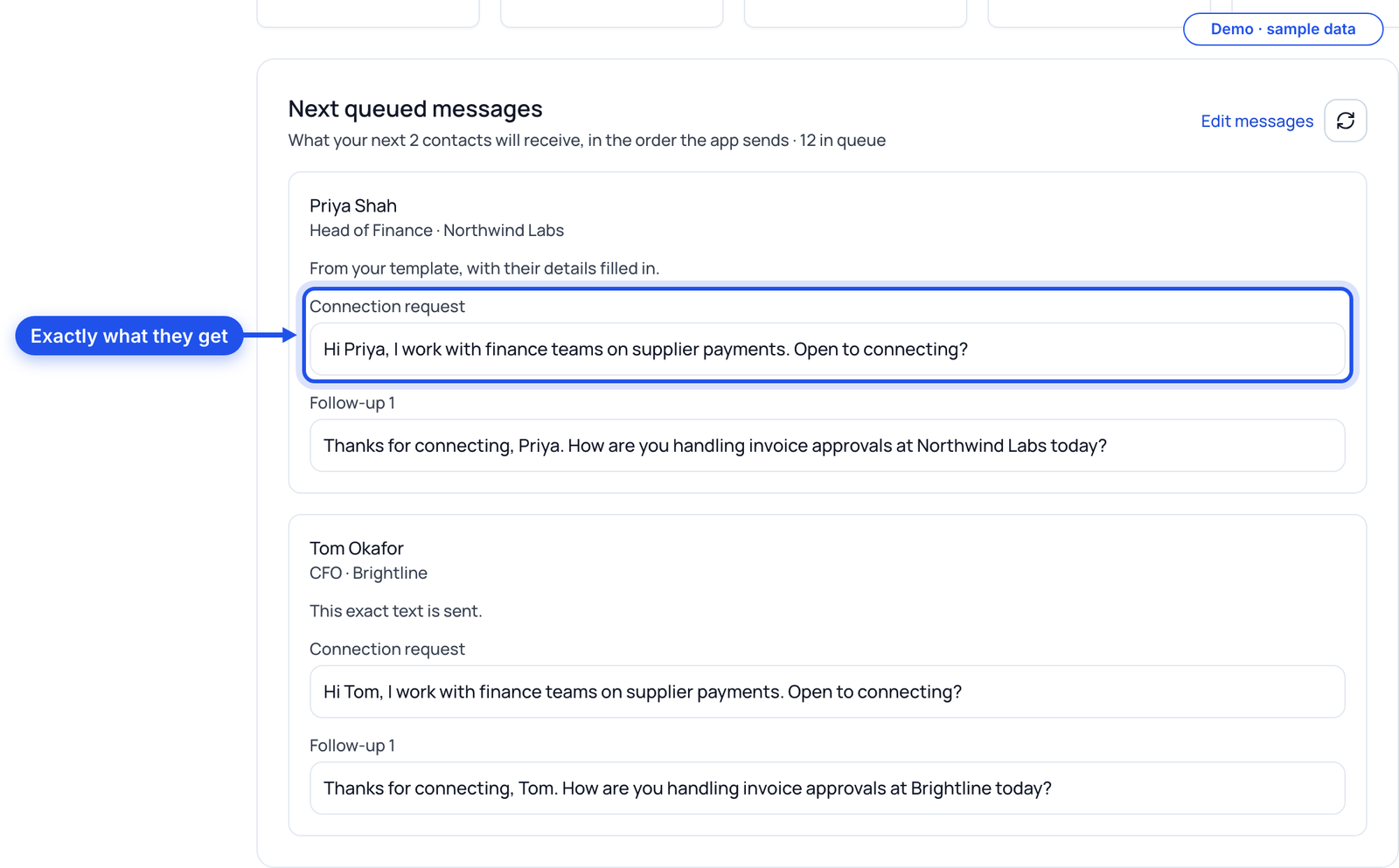 Next queued messages with a connection request highlighted