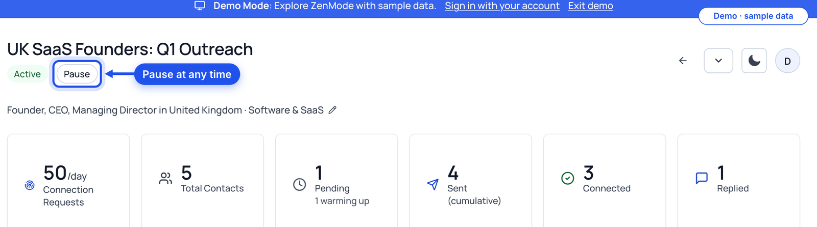 A campaign header with the Pause button highlighted