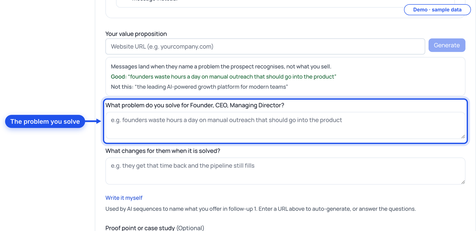 The value proposition fields, the problem field highlighted