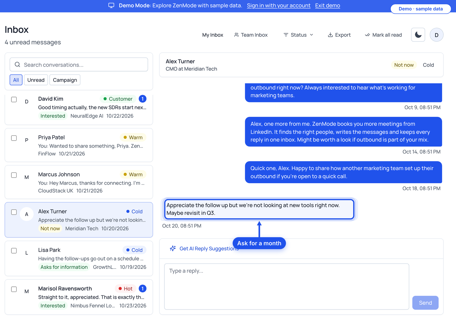 An inbox thread with a not-now reply highlighted
