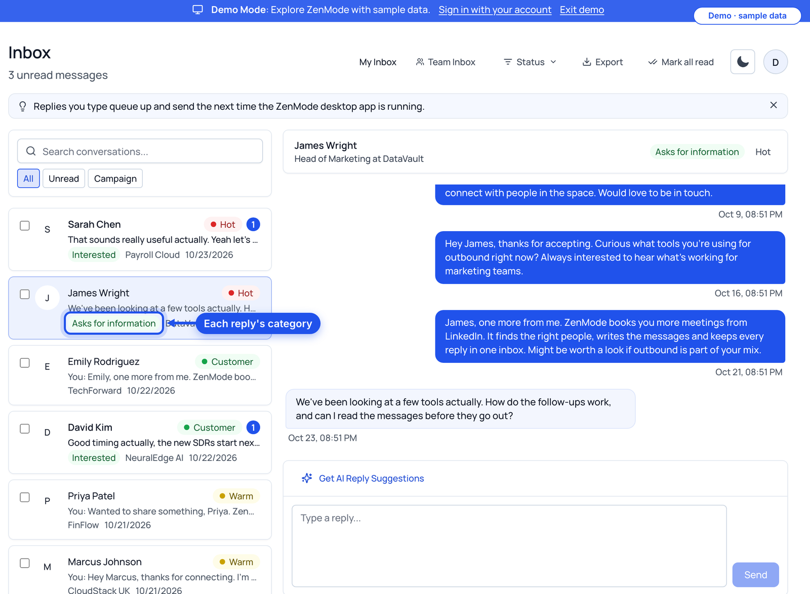 The inbox with a reply's category highlighted