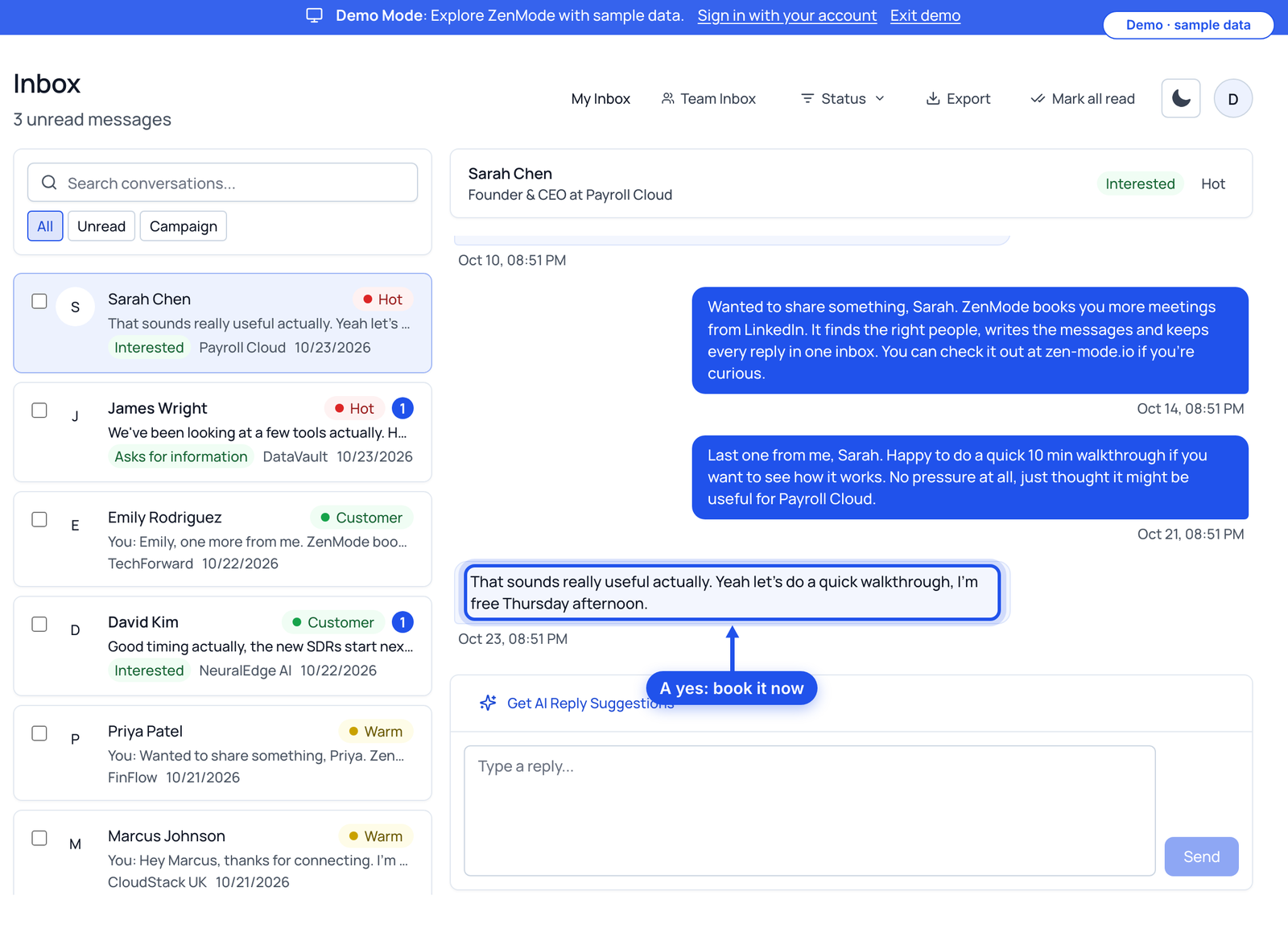 An inbox thread with an interested reply highlighted