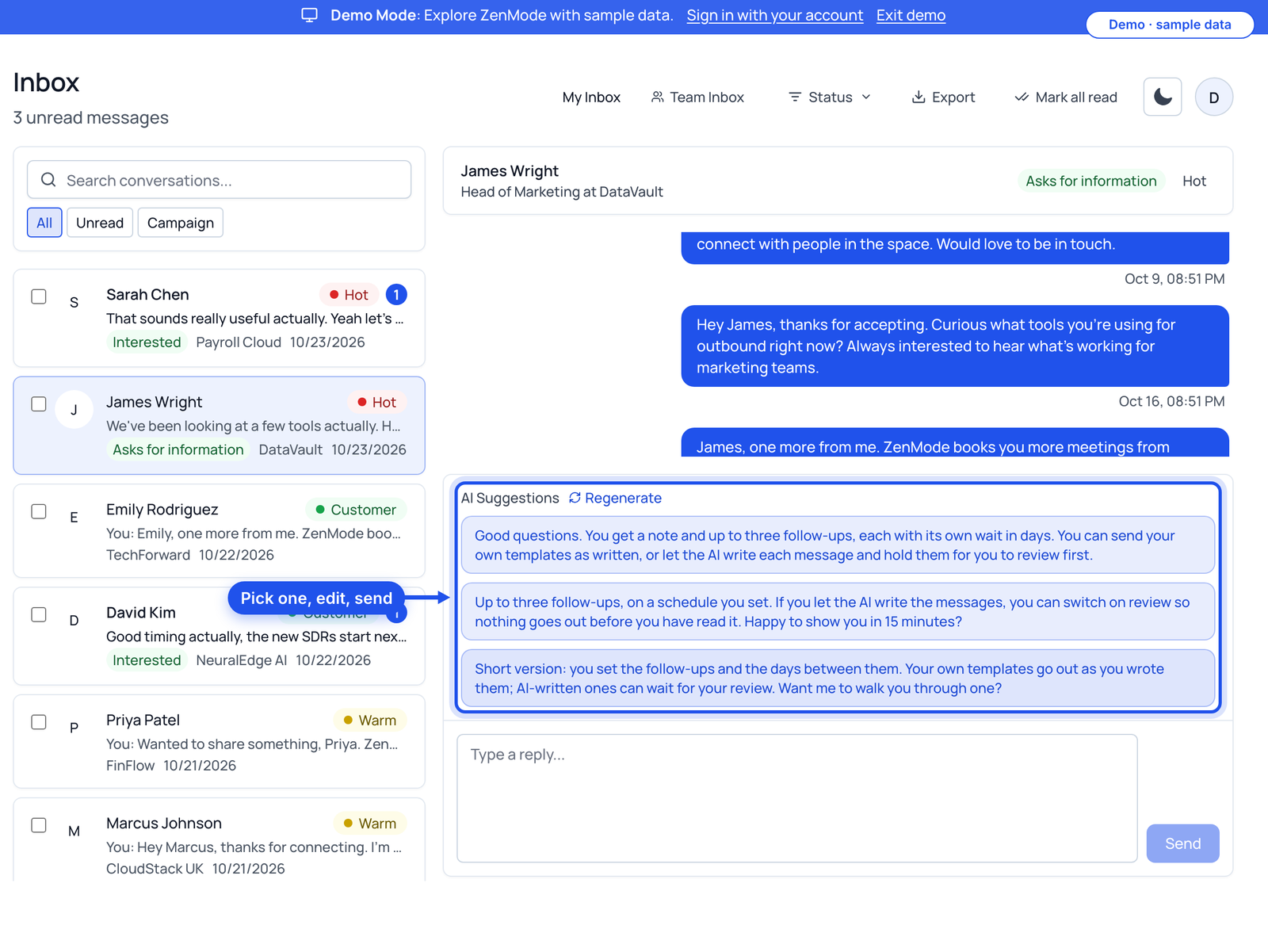 Three AI reply suggestions highlighted under a reply