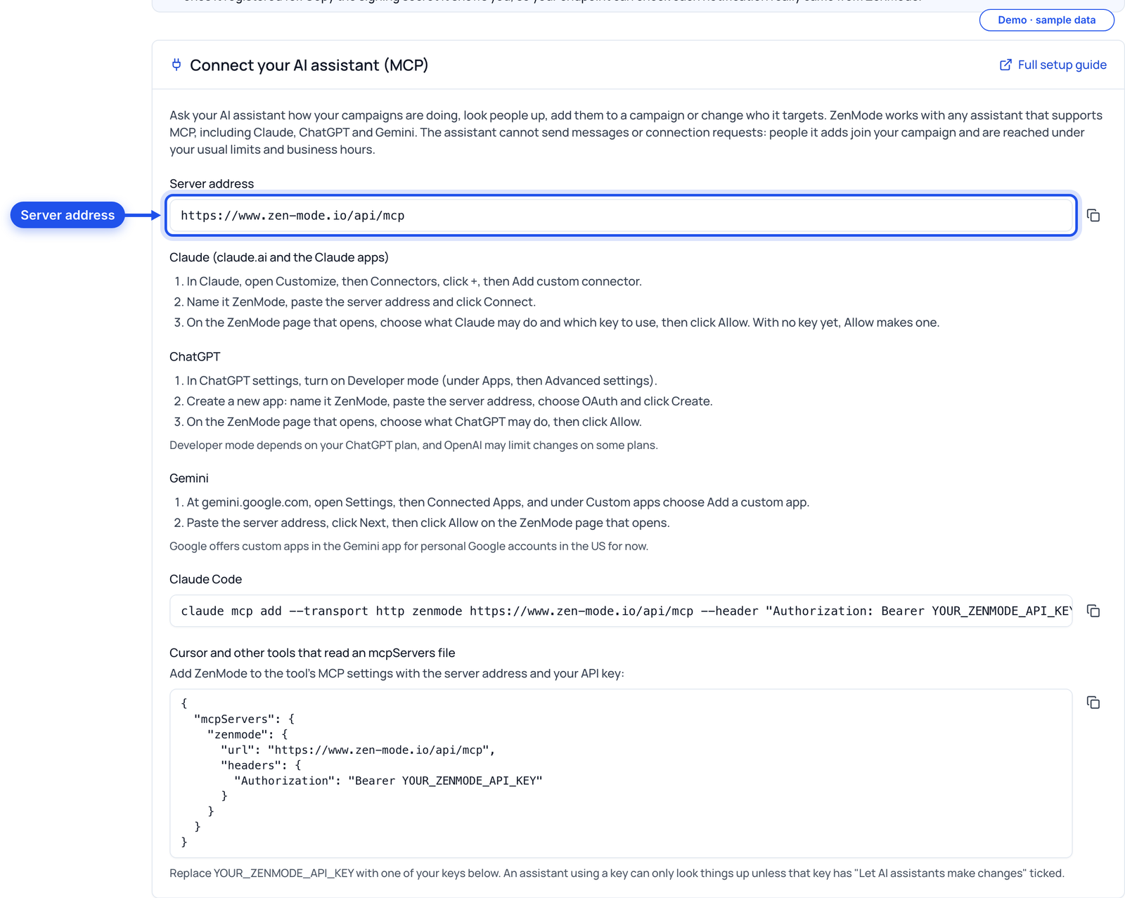 The Connect your AI assistant card with the server address highlighted