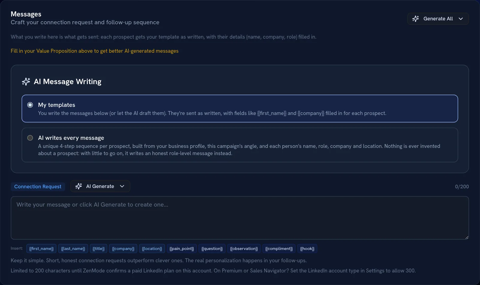 ZenMode's Messages card: write your own templates, or let the AI write every message, with the connection request box below.