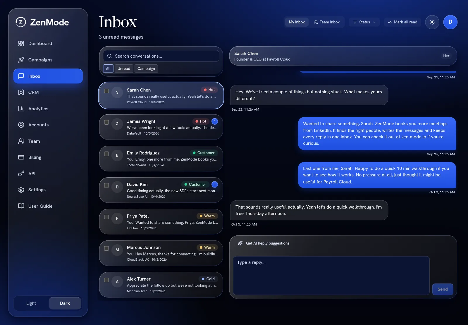The ZenMode inbox: a list of conversations on the left, and the open thread with a reply box on the right.
